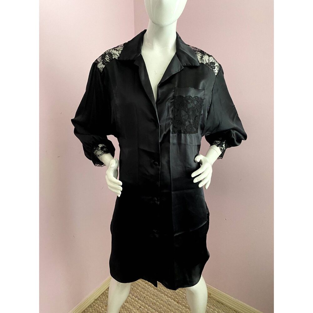 Vintage 90s Lily of France Sleep Shirt SMALL Jacquard Satin Lace Trim Nightgown